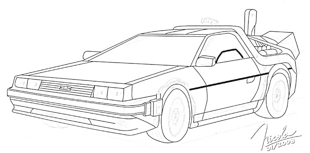 Раскраска ДеЛориан с деталями времени из фильма