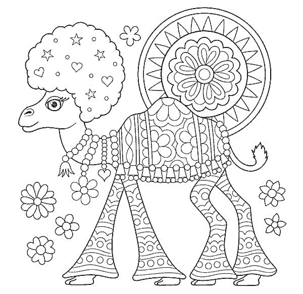 На раскраске изображено: Верблюд, Цветы, Узоры, Мандала, Для детей