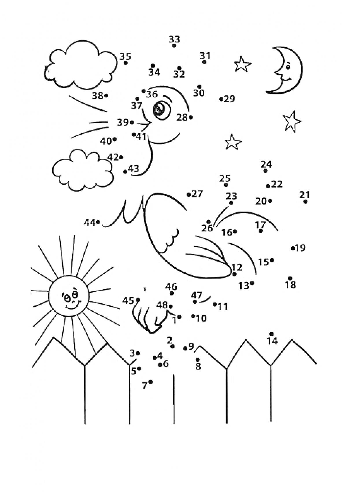 На раскраске изображено: По точкам, Уточка, Солнце, Облака, Звезды, Луна, Забор