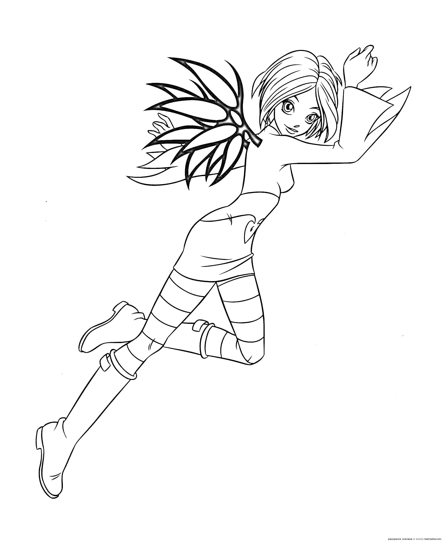 Раскраска Девушка-чародейка с крыльями, волосы средней длины, одета в сапоги и юбку с поясом, на руках длинные перчатки
