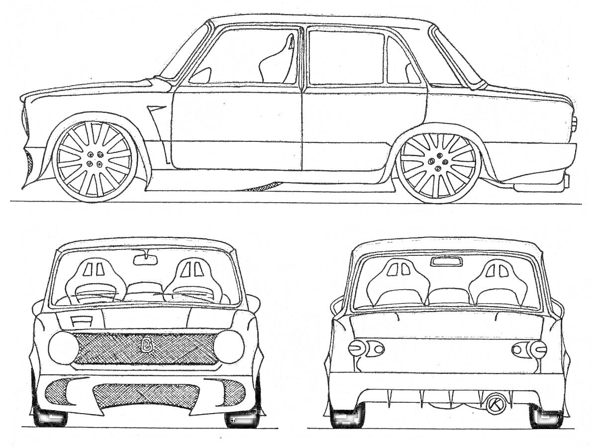 Раскраска Раскраска Лада Семерка с трех ракурсов: вид сбоку, спереди и сзади