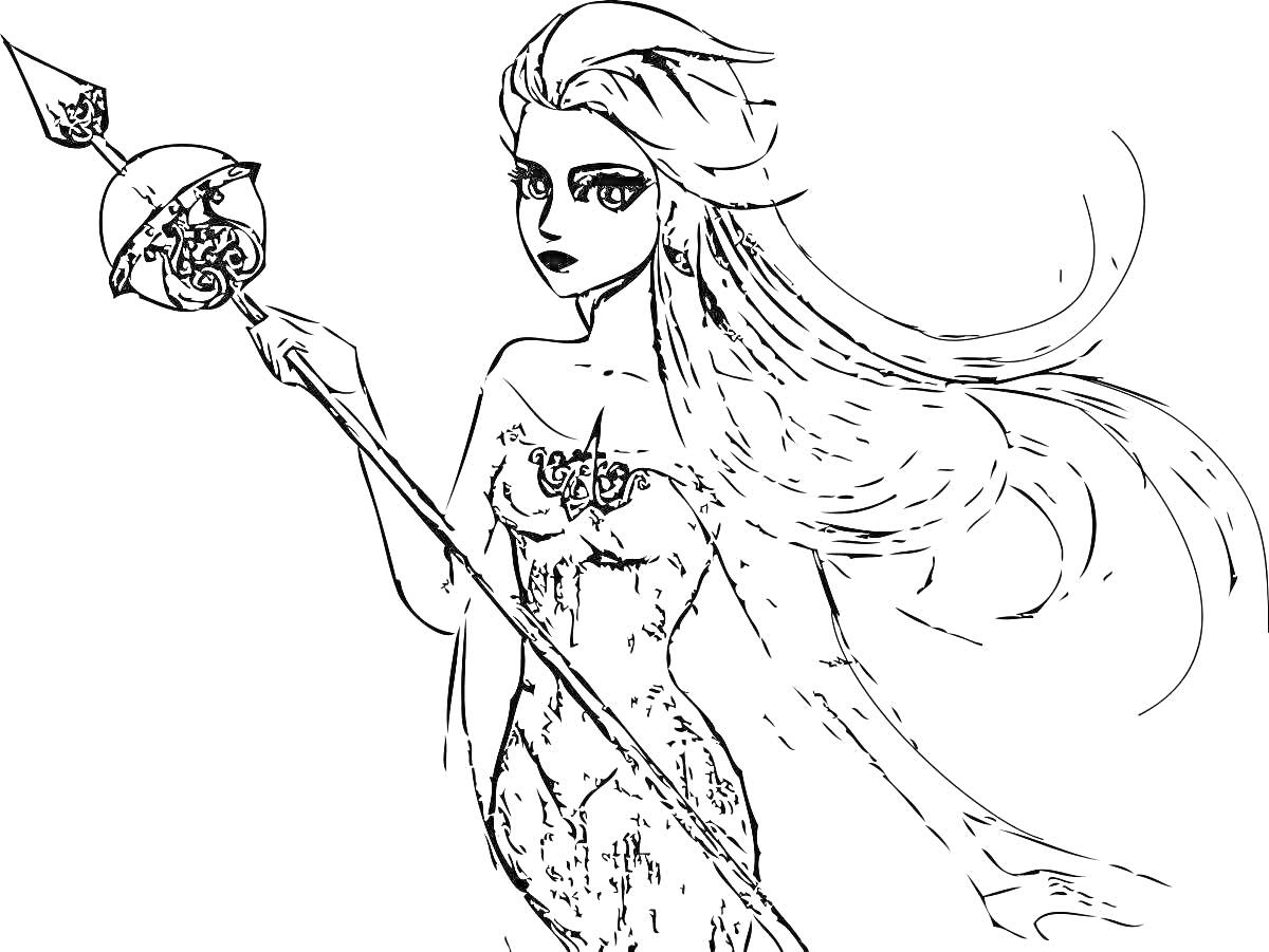 Раскраска Аниме Эльза с посохом, развевающиеся волосы, платье с узором