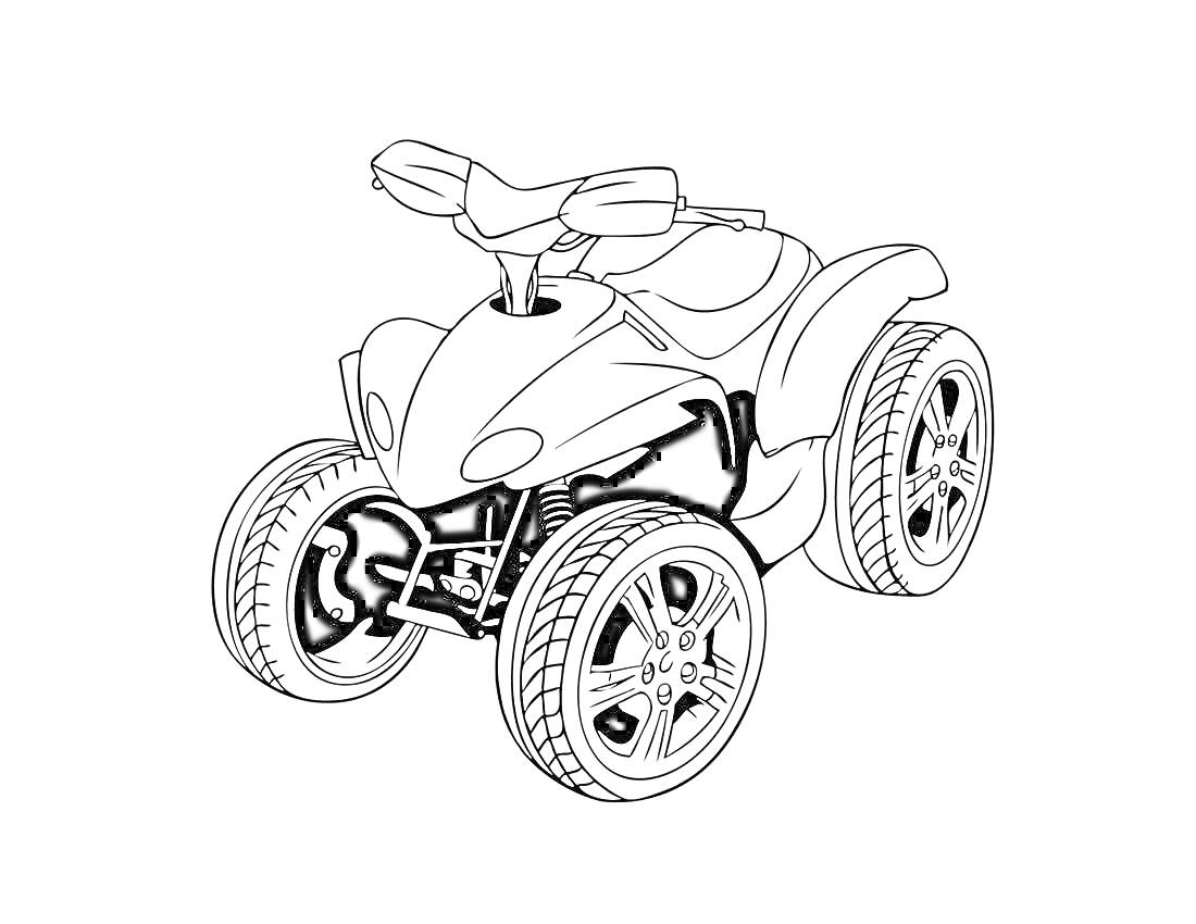 На раскраске изображено: Квадроцикл, Транспорт, Руль, Фары, Подвески, Колеса