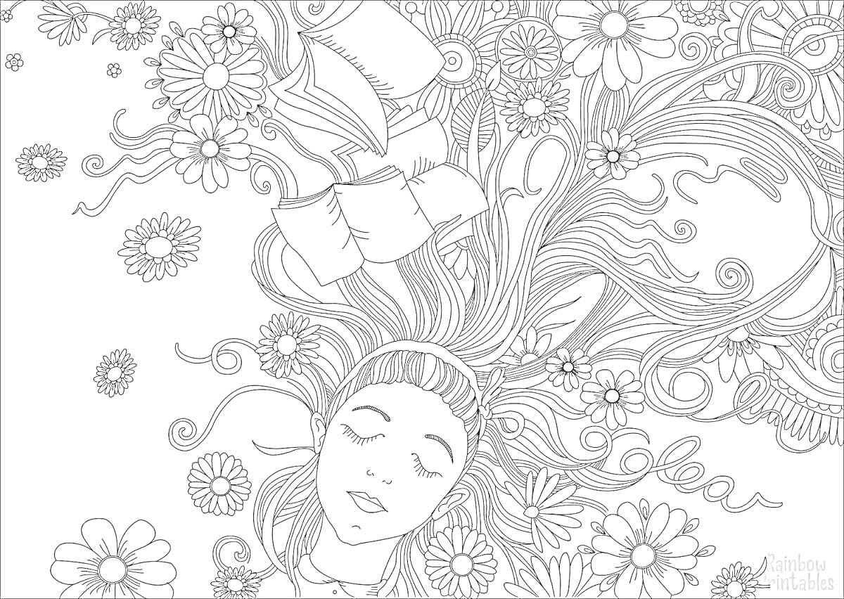 На раскраске изображено: Алиса в стране чудес, Антистресс, Длинные волосы, Цветы, Листья, Волнистые линии