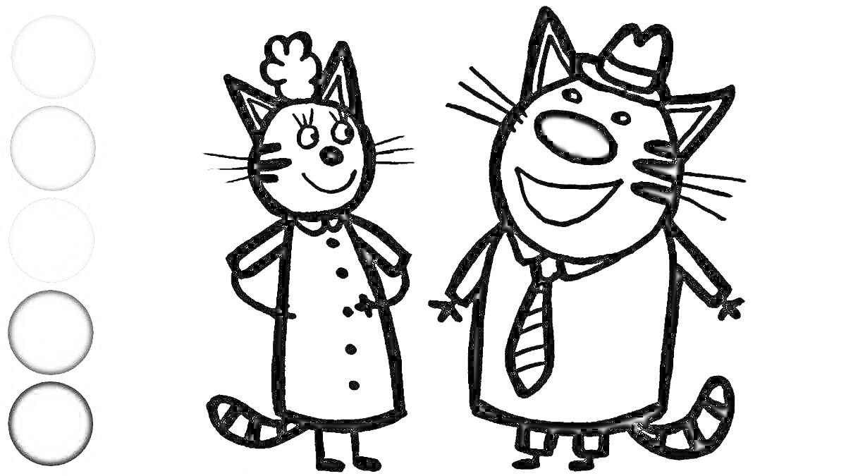 Раскраска два кота, один в фартуке и колпаке, другой в галстуке и шляпе.
