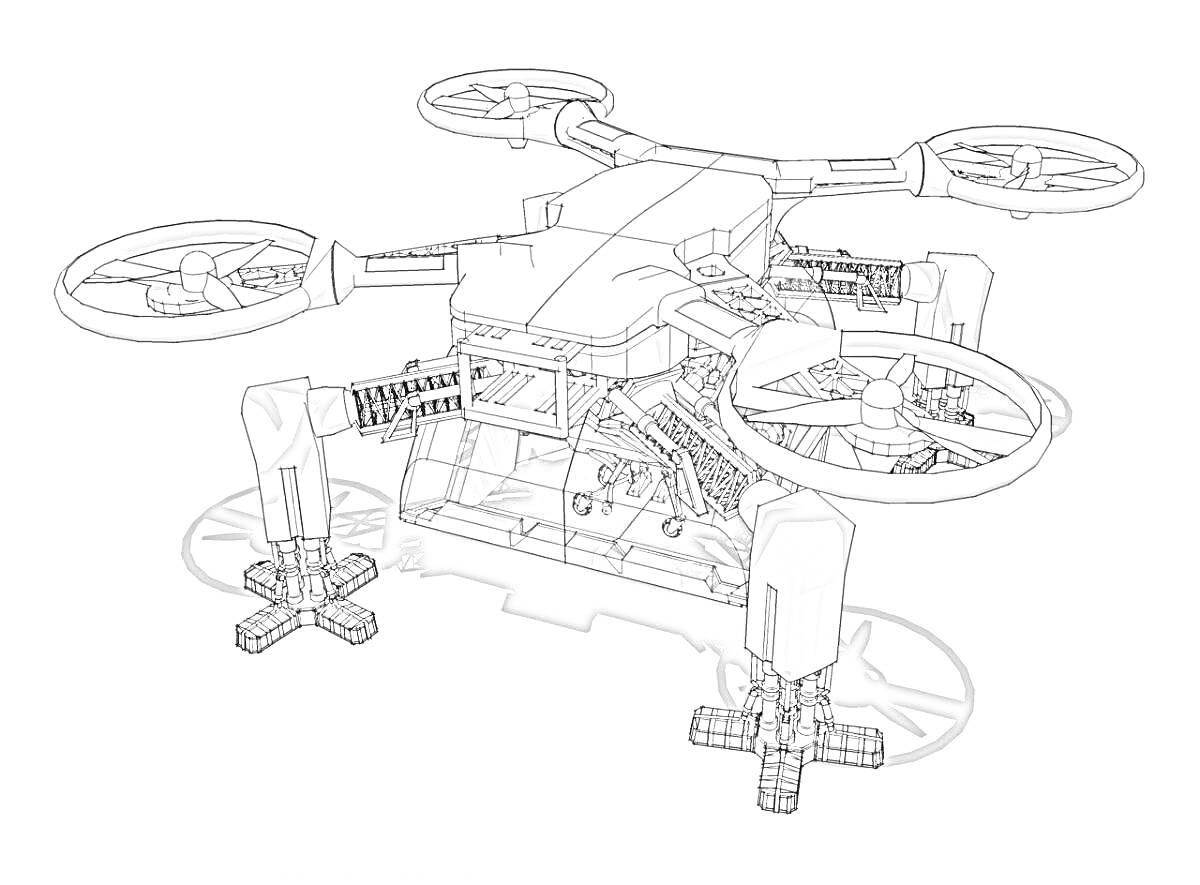 Раскраска Дрон-убийца с четырьмя винтами и посадочными опорами