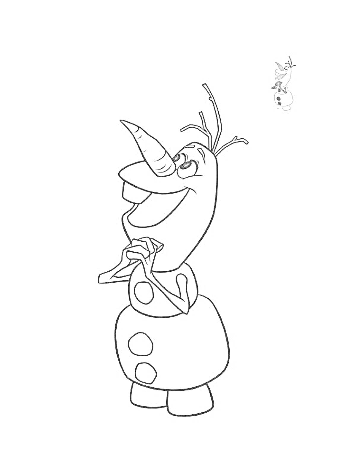 Раскраска Олаф снеговик из мультфильма, стоящий со сложенными руками, улыбка, нос-морковка, кнопки, ветки на голове