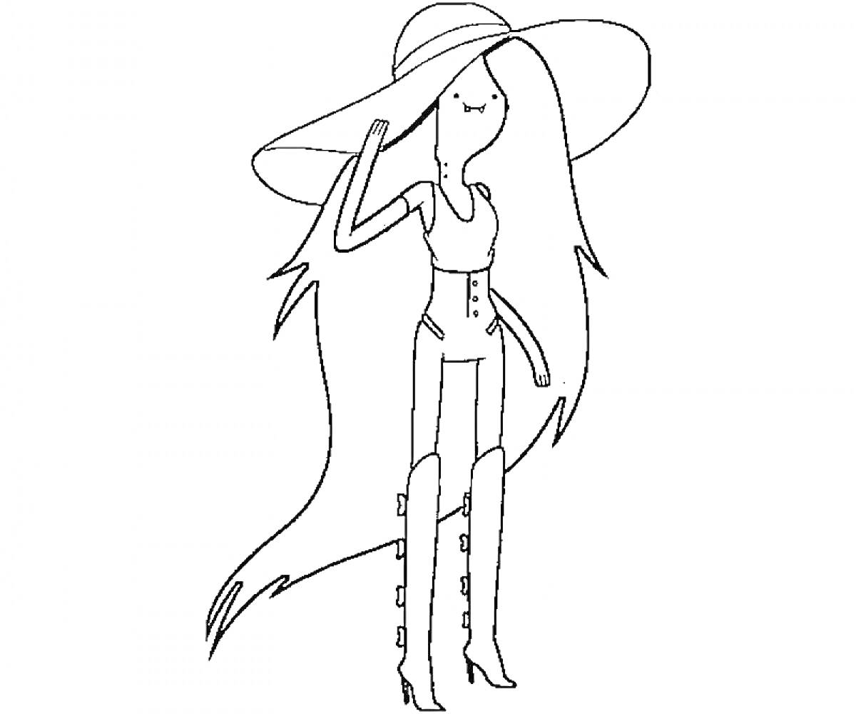 Раскраска Девушка в платье и высокой шляпе с длинными волосами, стоит в сапогах