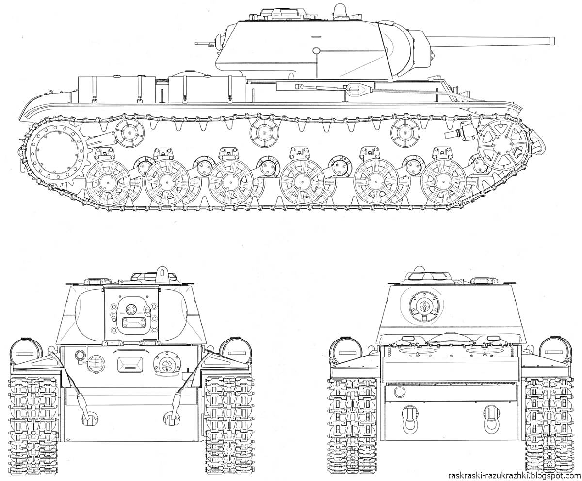 Раскраска танк КВ-44, вид сбоку и спереди, снаряженный гусеницами и броней