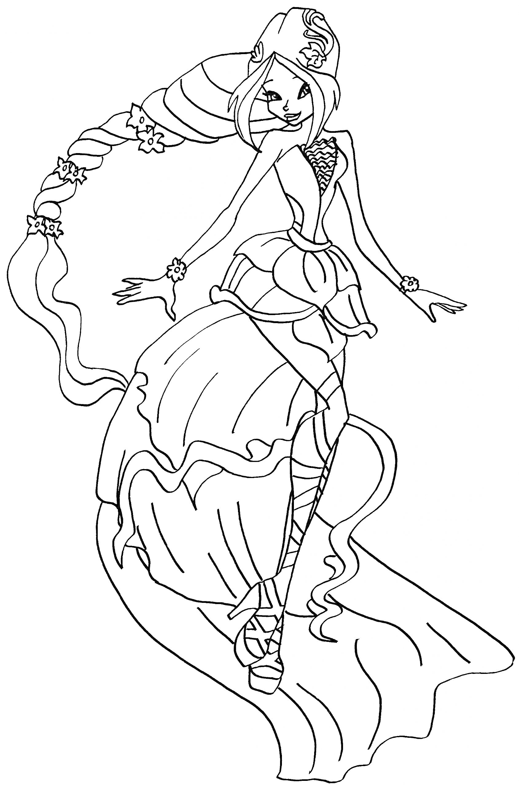 Раскраска Винкс принцесса в длинном платье с лентой в косе