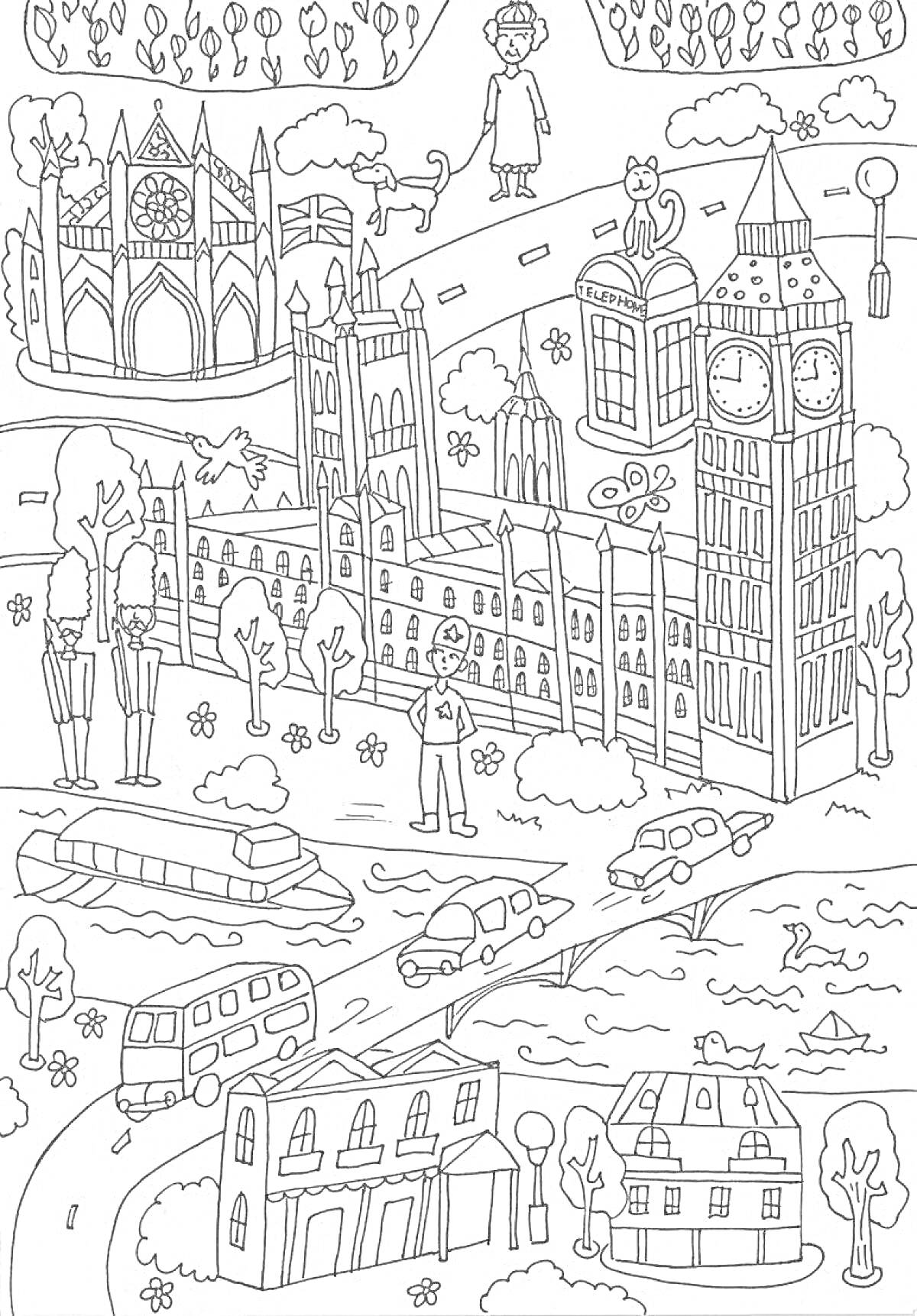 Раскраска Город мечты с часовой башней, собором, парком, людьми, речкой и транспортом