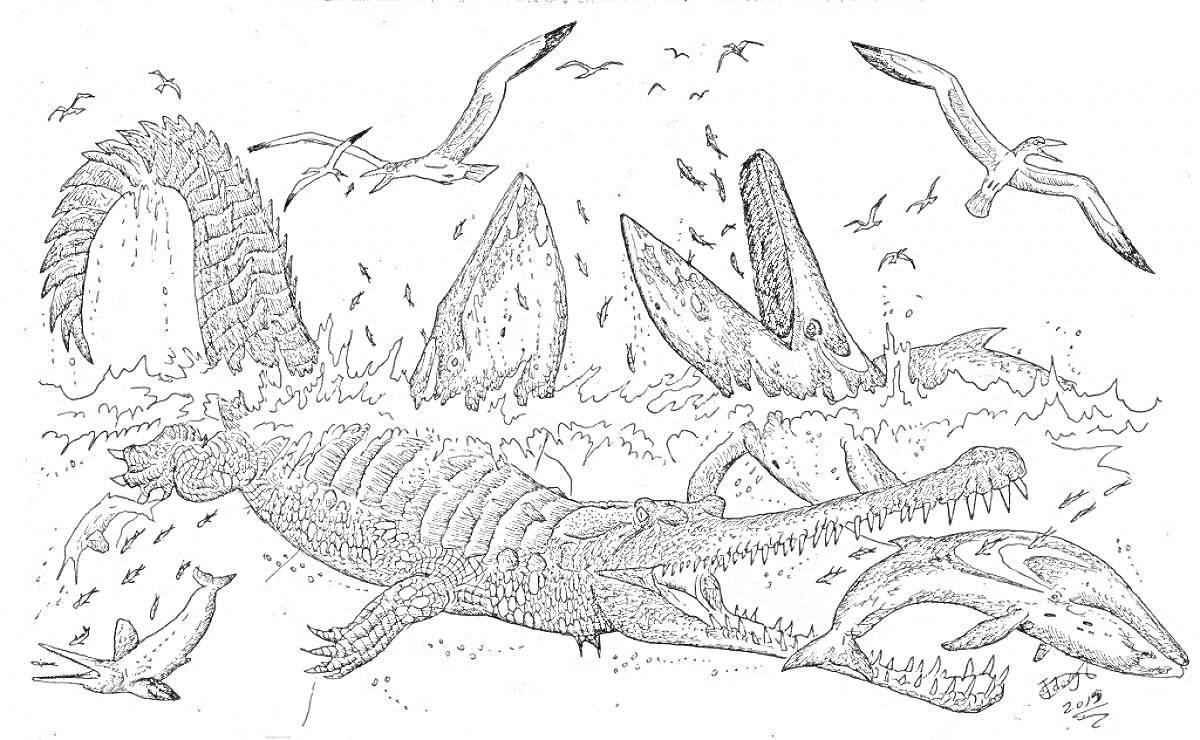 Раскраска Саркозух атакует морских существ на фоне доисторического океана с летающими птерозаврами