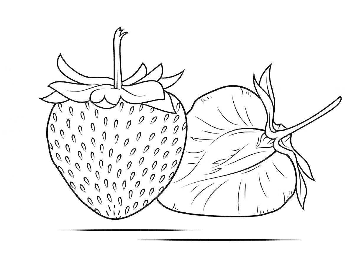 Раскраска Клубника: один ягода с листьями и один ягода с черешком