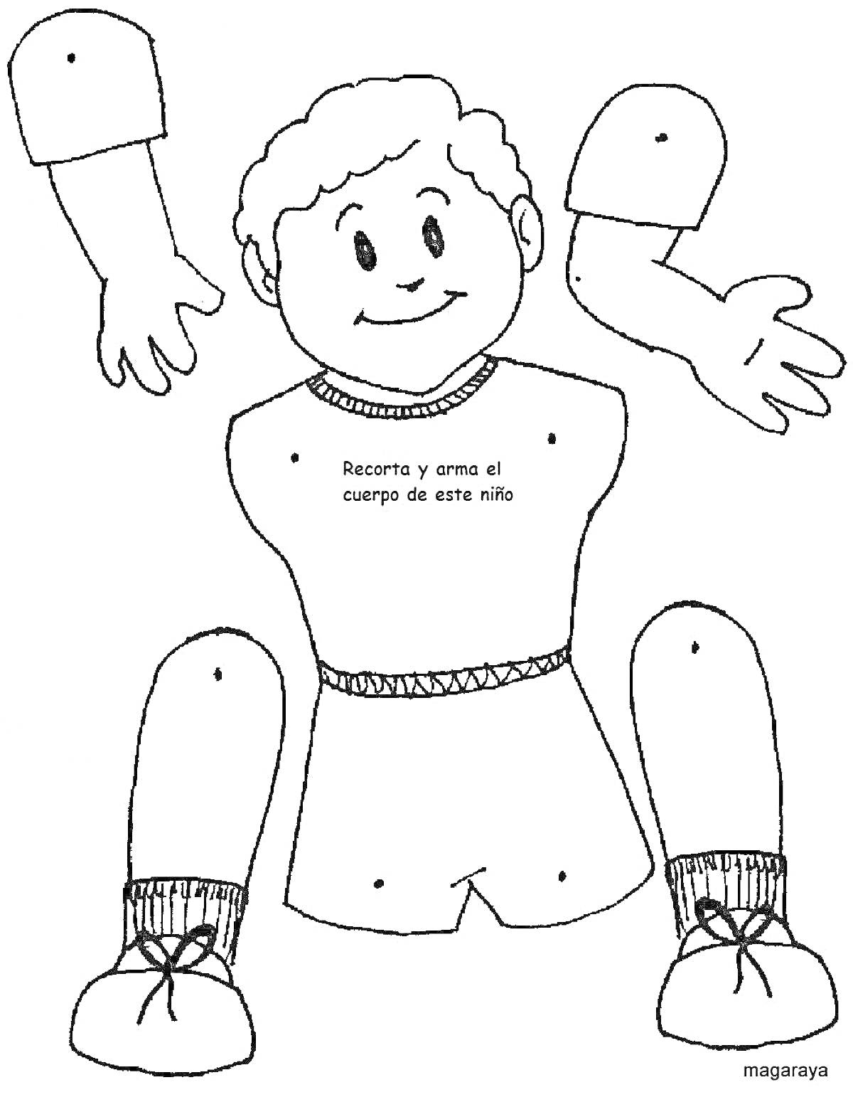 На раскраске изображено: Части тела, Ребёнок, Сборка, Руки, Ноги, Голова, Туловище, Вырезалки