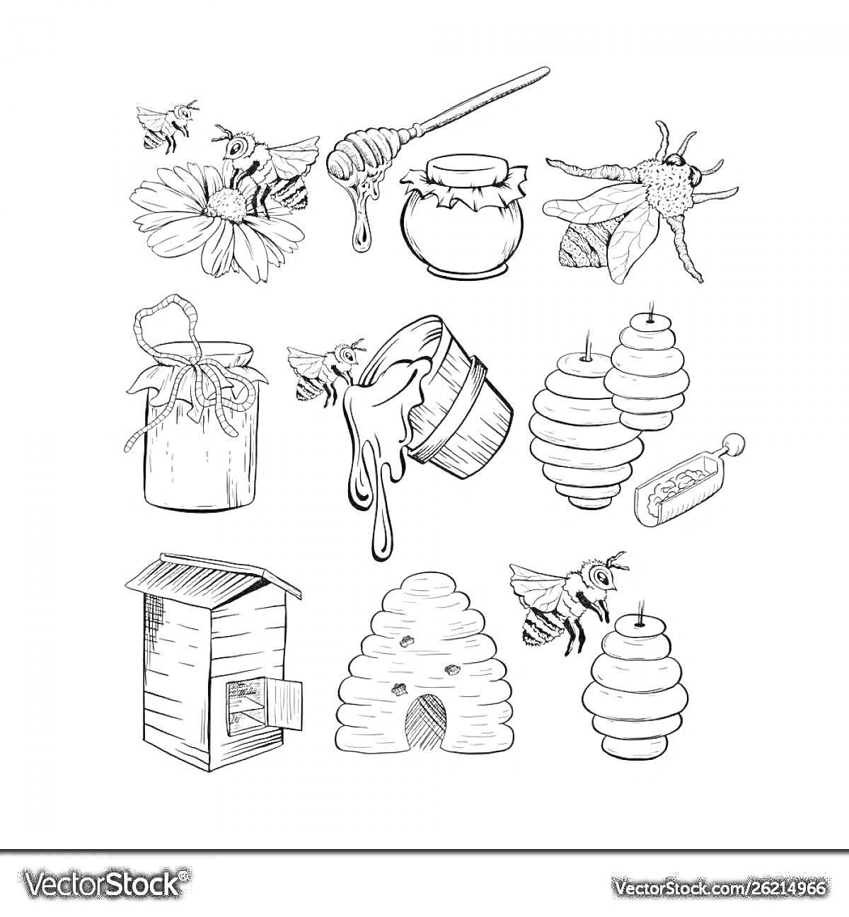 На раскраске изображено: Пчелы, Улей, Бочонок меда, Мед, Кувшин, Гнездо, Соты