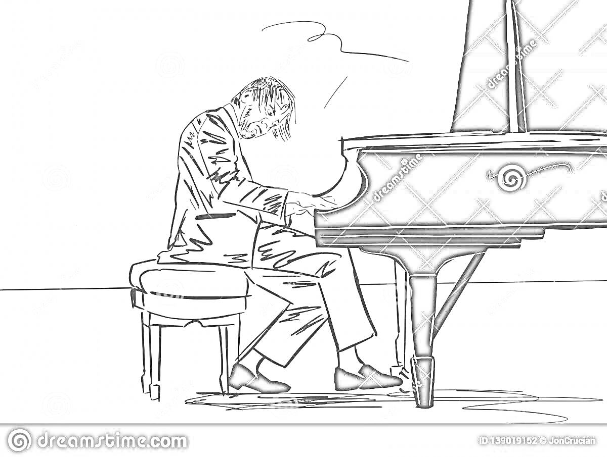 На раскраске изображено: Слепой музыкант, Рояль, Пианино, Игра на пианино, Концерт, Искусство, Музыка, Человек