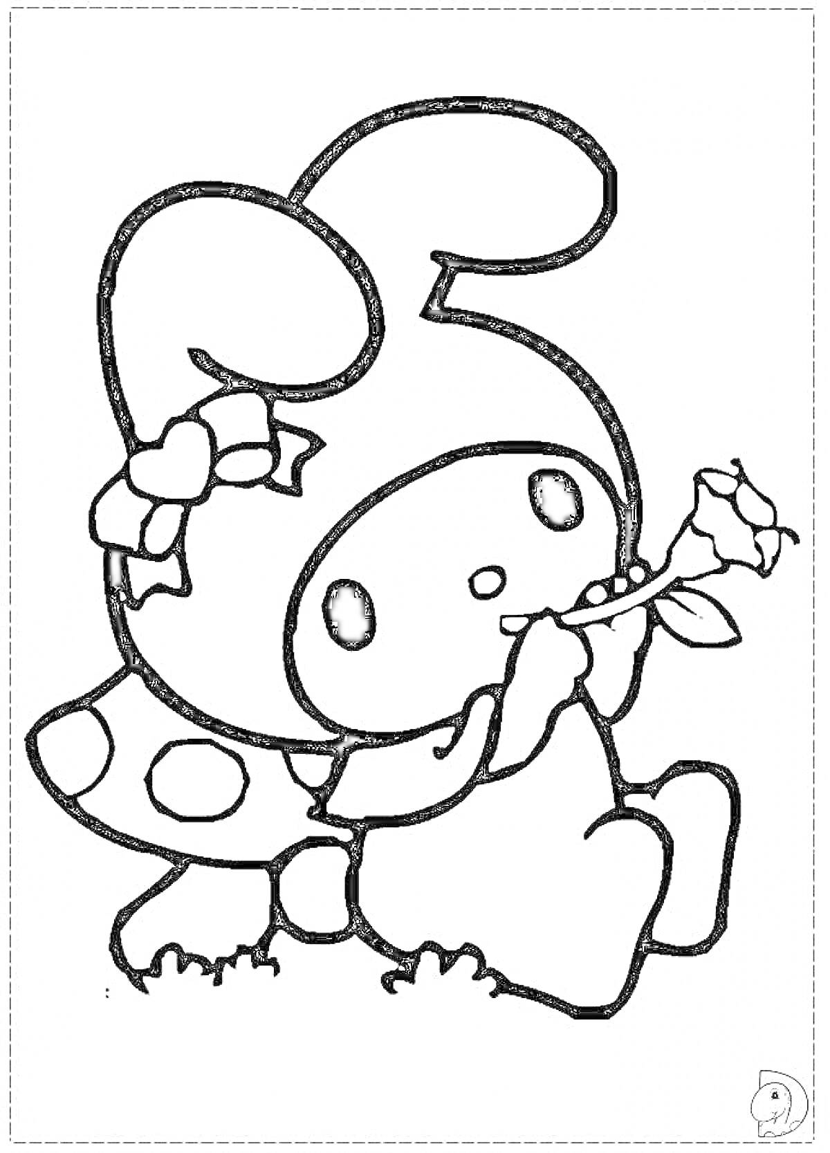 Раскраска Персонаж в костюме с ушками сидит у гриба и держит розу.