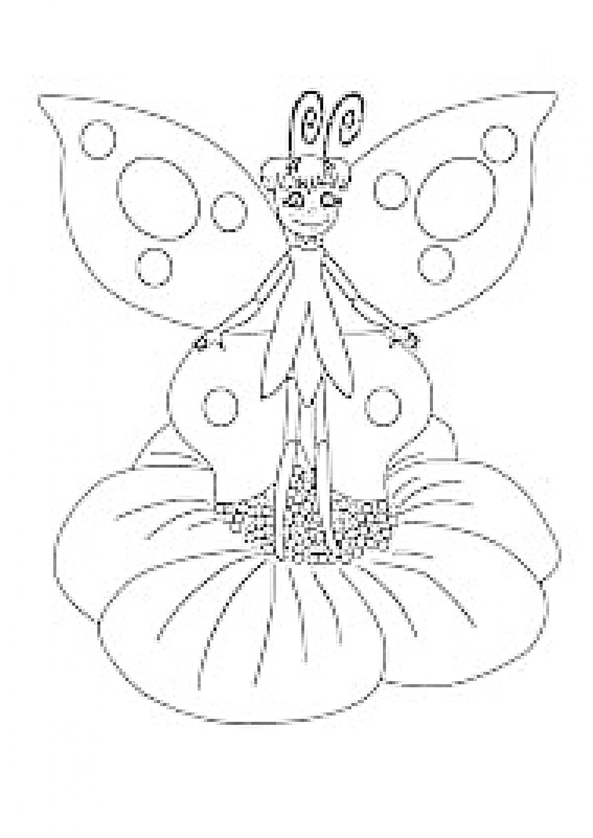 Раскраска Бабочка на цветке с узорными крыльями и мультяшным лицом