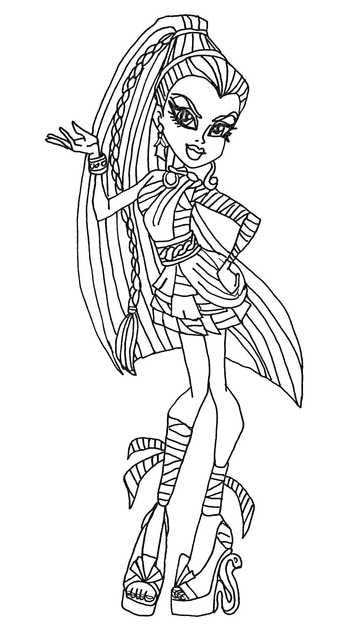 Раскраска Девушка с длинными волосами в шортах и туфлях на платформе с лентами