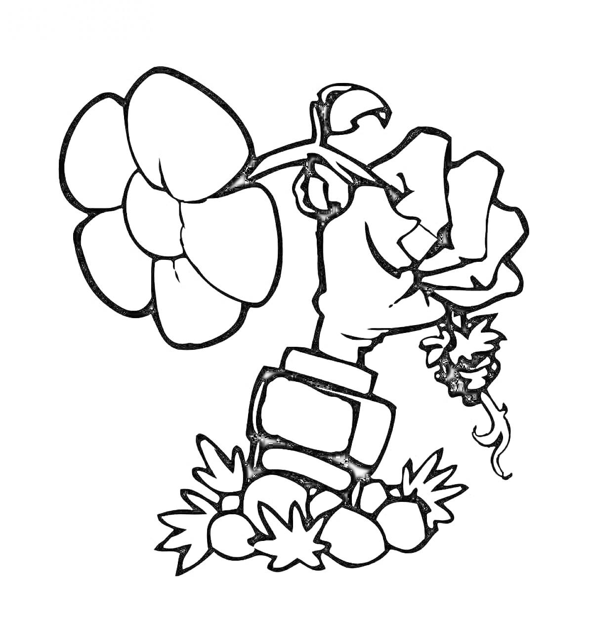 Раскраска Рука с цветком на постаменте среди камней и травы