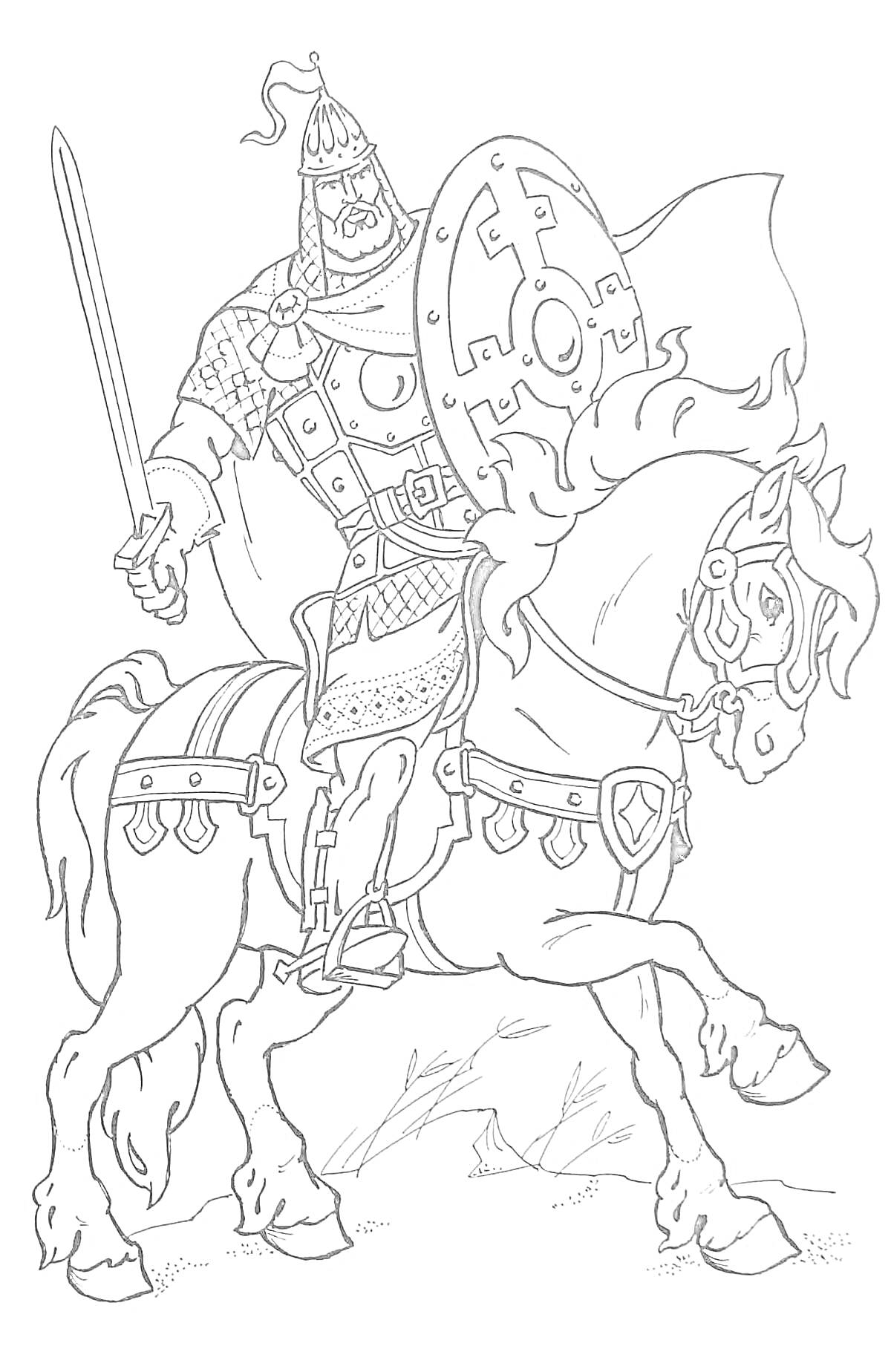 На раскраске изображено: Богатырь, Доспехи, Меч, Щит, Конь, Средневековый воин, Исторические персонажи