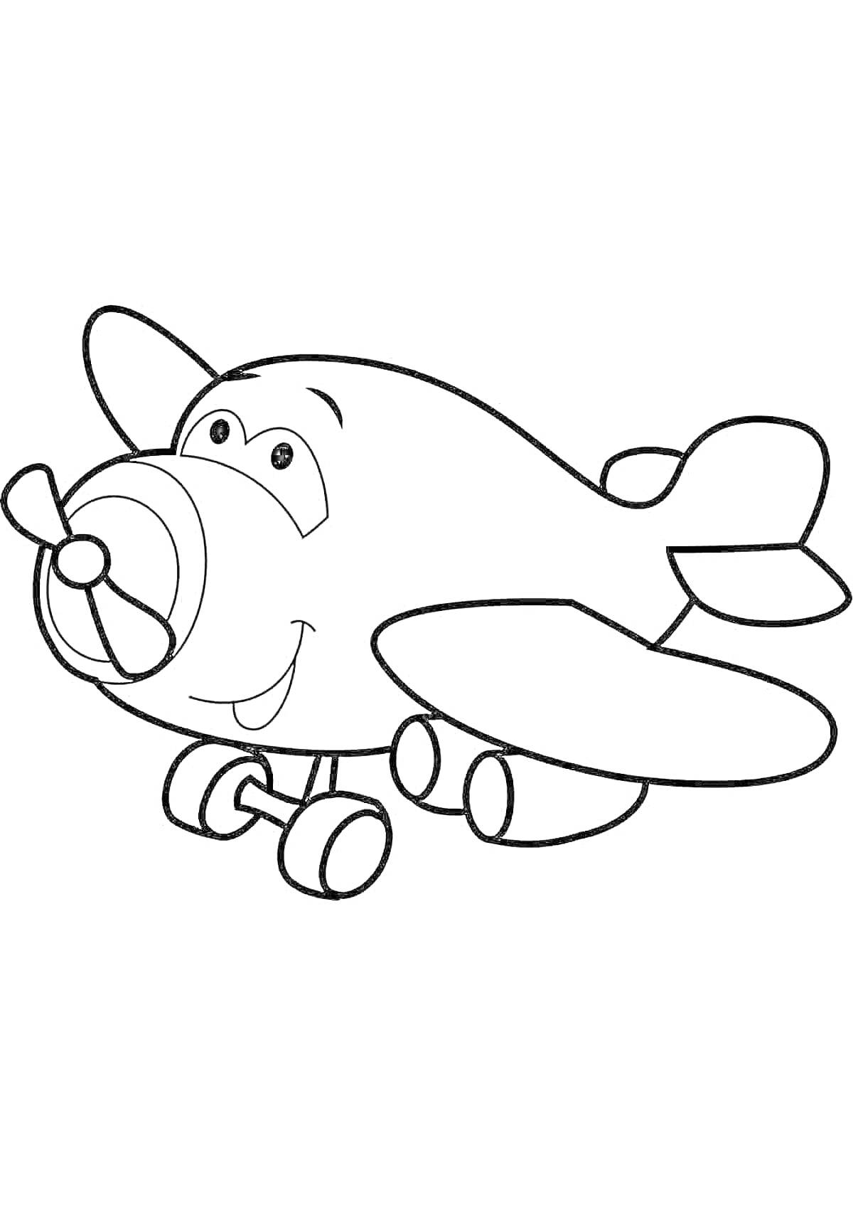 Раскраска Самолетик с глазами, ротиком, пропеллером и шасси