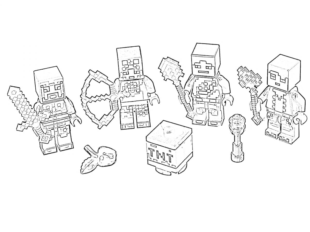 Раскраска Четыре фигурки Лего Майнкрафт с оружием и предметами (меч, лук, кирка, яблоки, динамит)