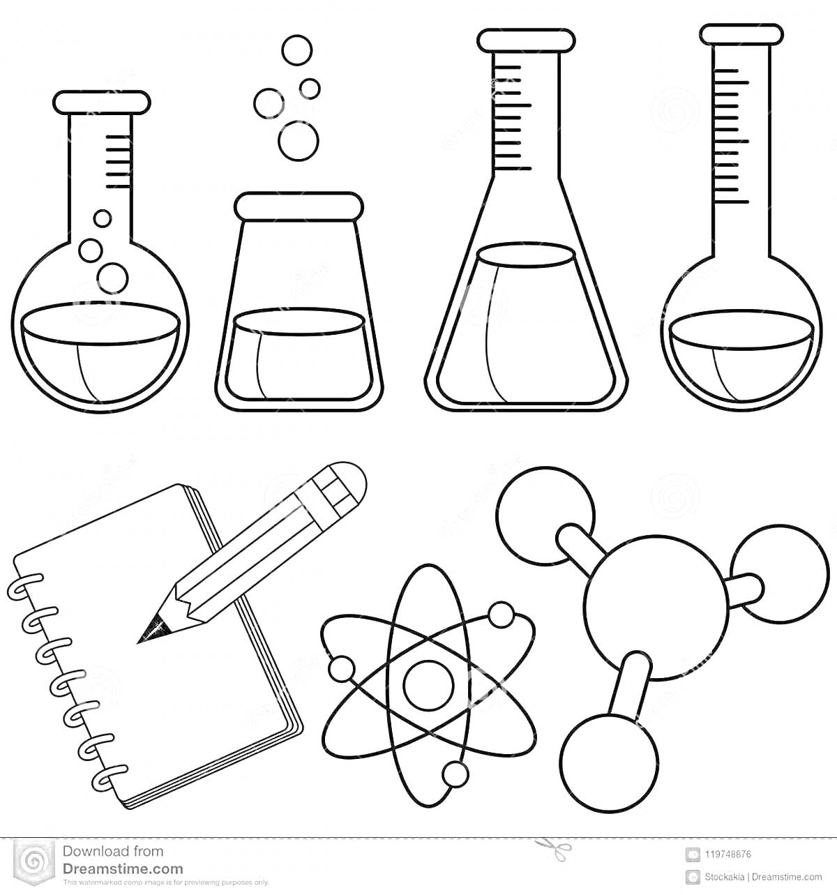 химизделия лаборатории - колбы с жидкостями и пузырьками, тетрадь с карандашом, атомная модель, молекулярная структура