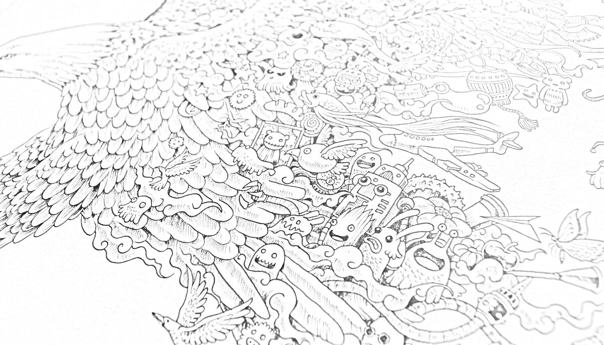 Раскраска Крыло орла с множеством мелких мультипликационных персонажей, включая цветы, роботов, облака, звезды, музыкальные инструменты