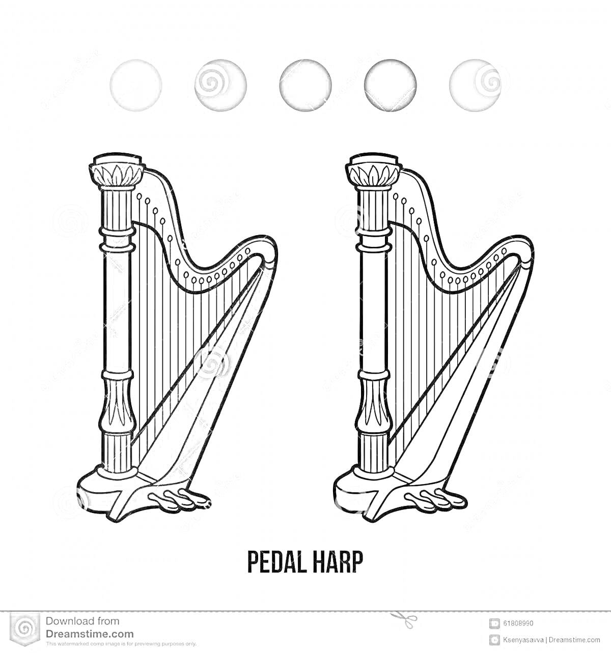 Раскраска Педальная арфа с цветовой палитрой для раскраски
