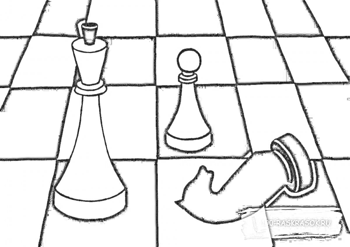 Раскраска шахматная доска с королем, пешкой и поваленным конем