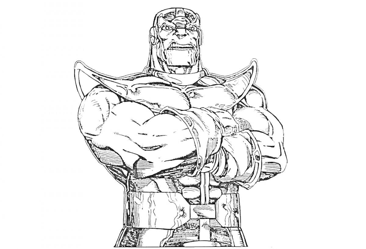 Раскраска Танос с перекрещенными руками, грудной доспех, рукавицы, шлем, стоящий в полный рост