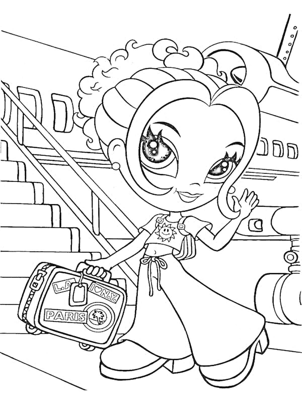 Раскраска Путешествующая девочка с чемоданом на фоне самолета