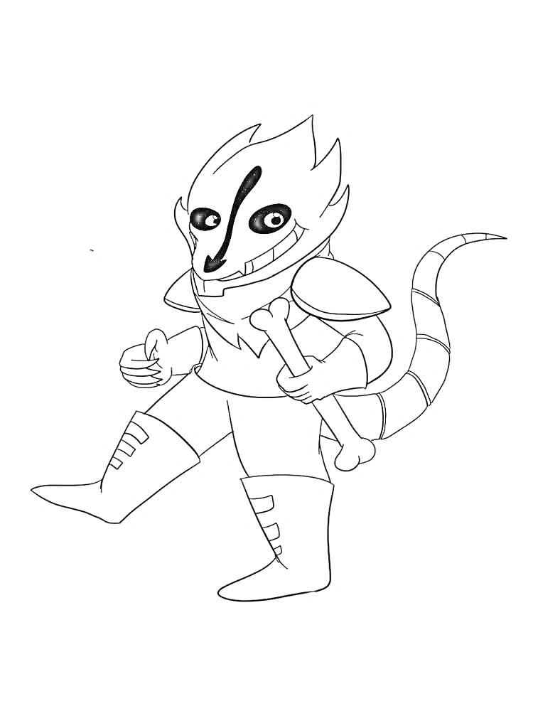 Раскраска Персонаж с маской, костюмом и хвостом, держащий кость