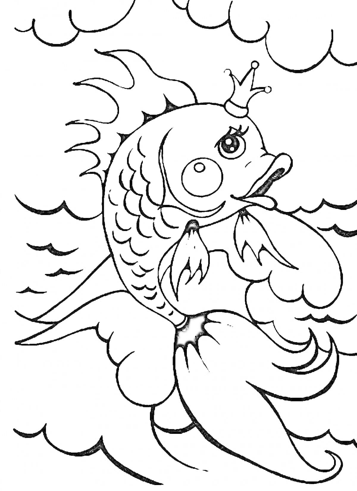 На раскраске изображено: Золотая рыбка, Корона, Волны, Облака, Для детей, Рыба, Море, Подводный мир