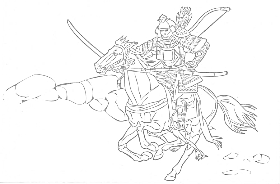 Раскраска Самурай на лошади с луком и стрелами на фоне камней