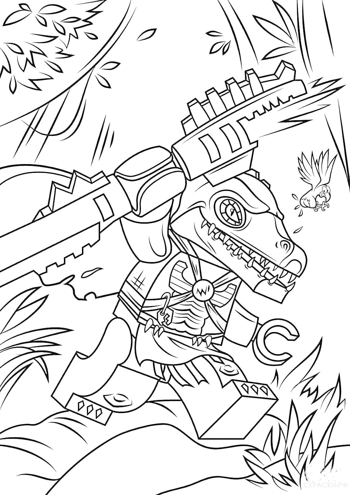 Раскраска Монкарт - лего-робот динозавр с огромным мечом в джунглях, бабочка