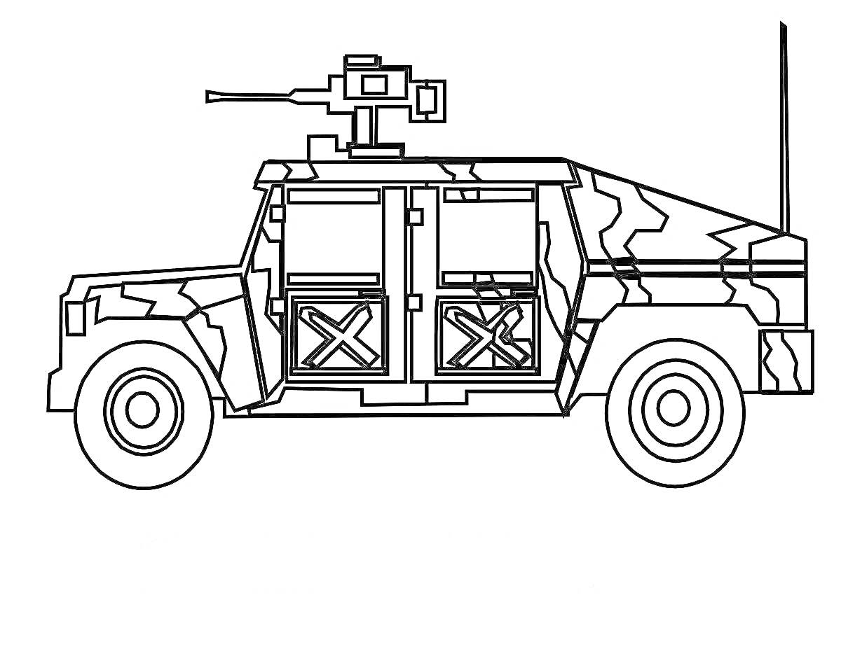 Раскраска Военная машина с камуфляжным узором, высокой антенной и крупнокалиберным пулеметом на крыше.