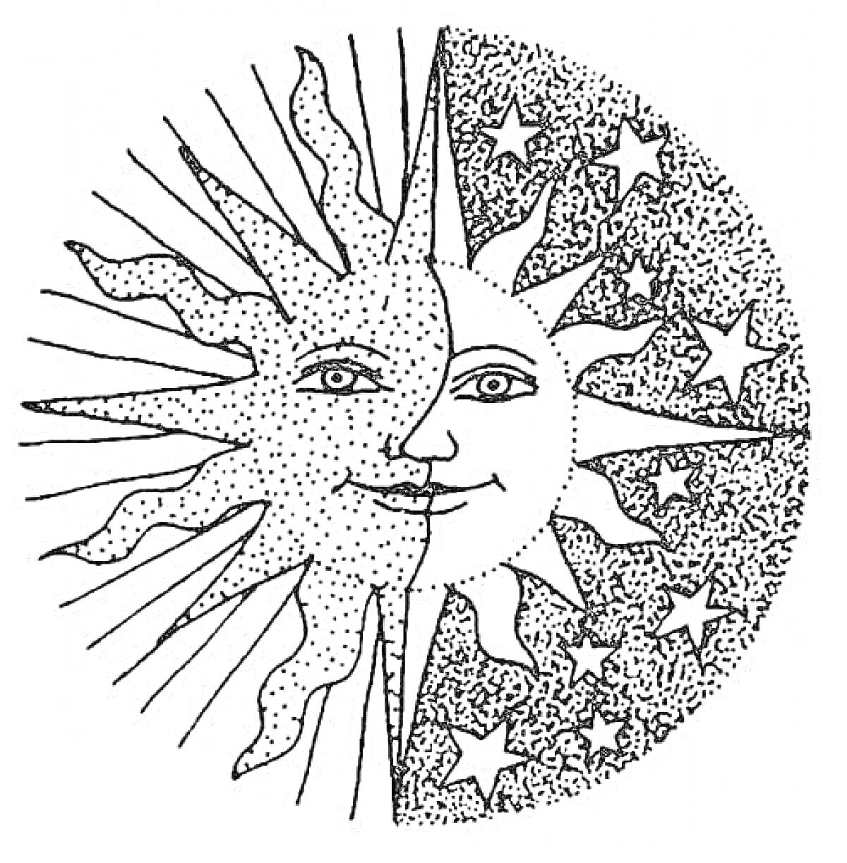 На раскраске изображено: Солнце, Луна, Звезды, Астрономия, Лицо