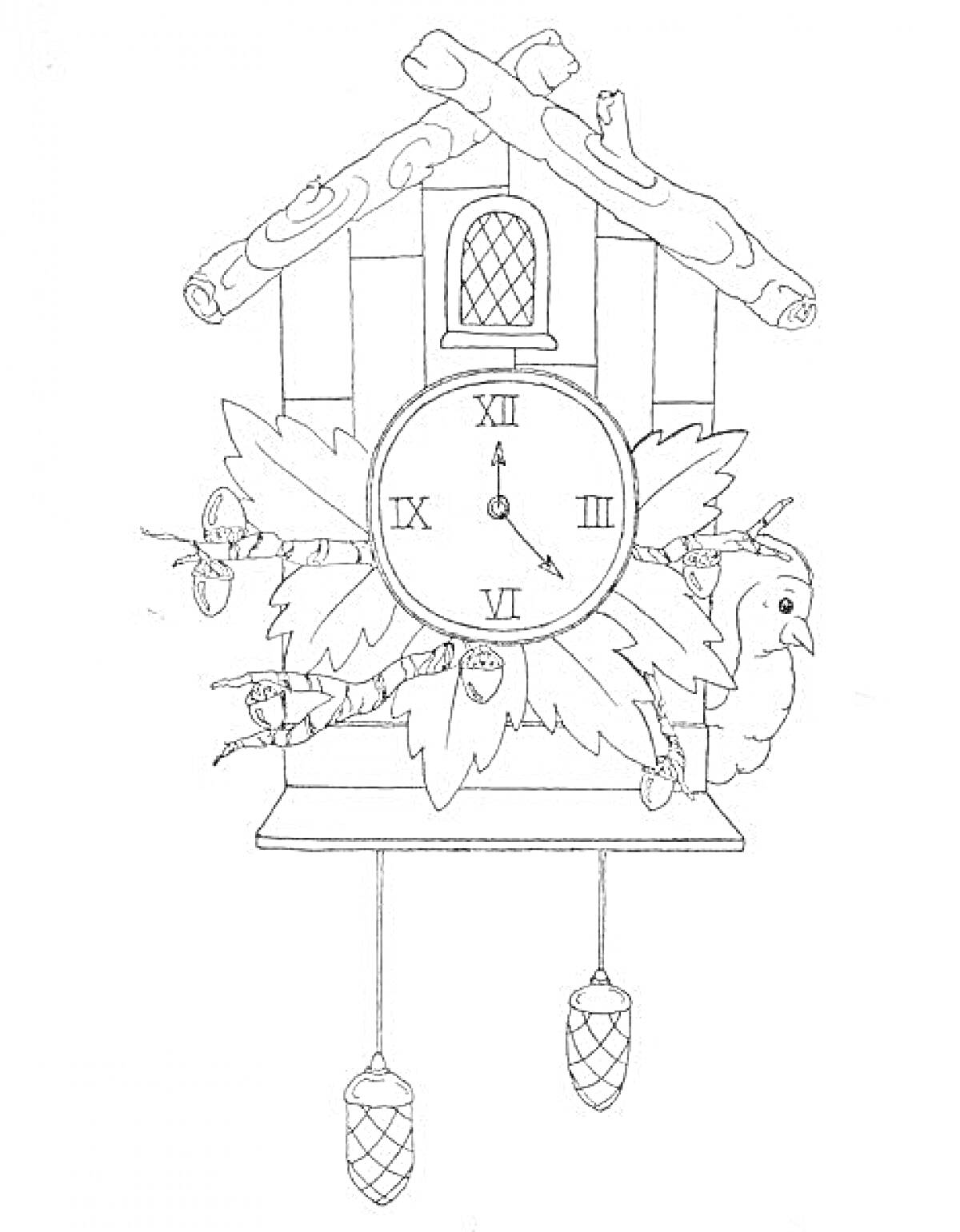 На раскраске изображено: Часы, Кукушка, Римские цифры, Листья, Птица, Домашний декор, Время