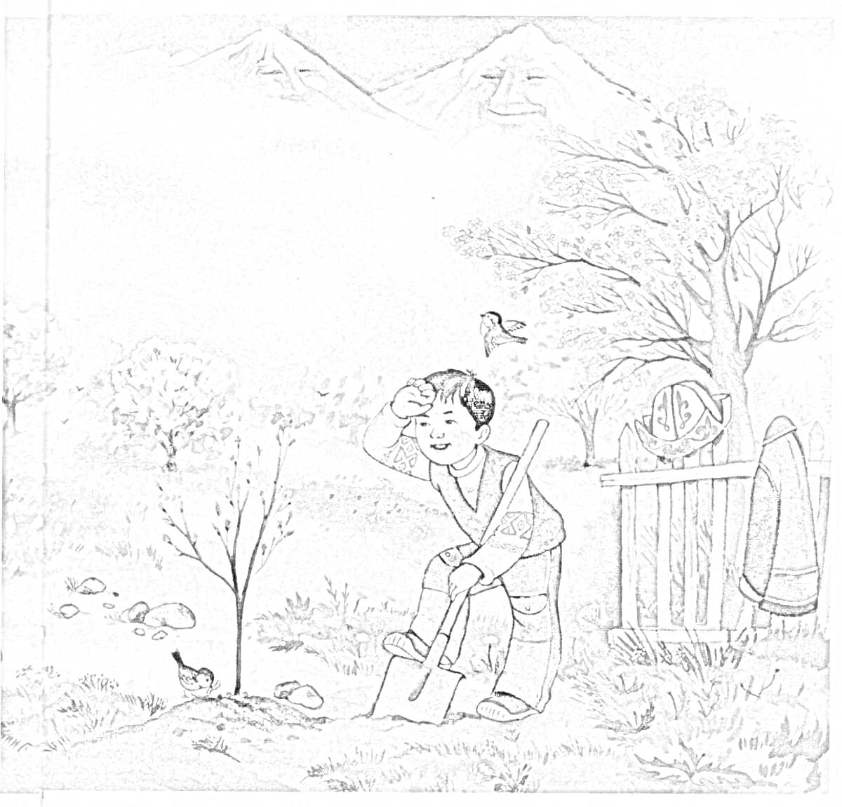 Раскраска Весенняя работа в саду с горными пейзажами на заднем плане, мальчик с лопатой, птицы, деревья и кусты