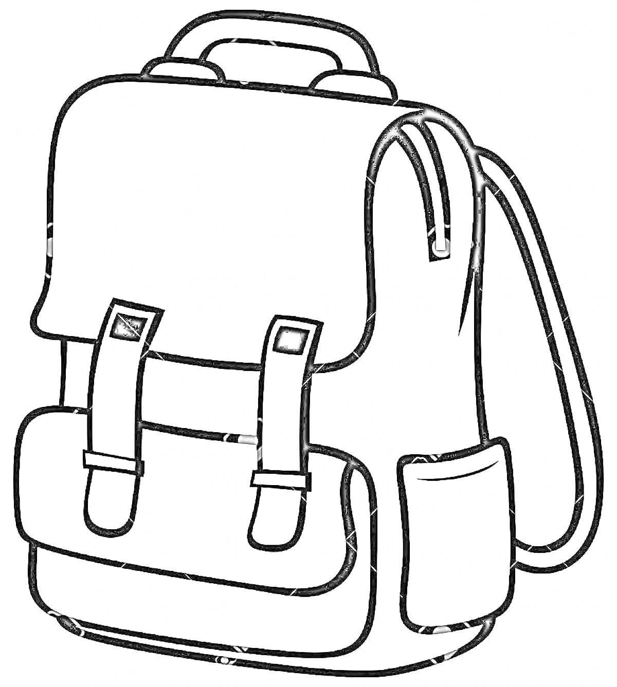 Раскраска Рюкзак с верхним клапаном, двумя ремешками, передним карманом, двумя боковыми карманами и ручкой для переноски