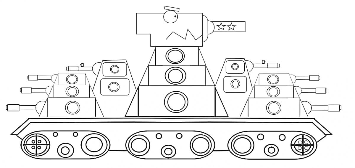Раскраска Внушительный многоуровневый танк с множеством башен и вооружений