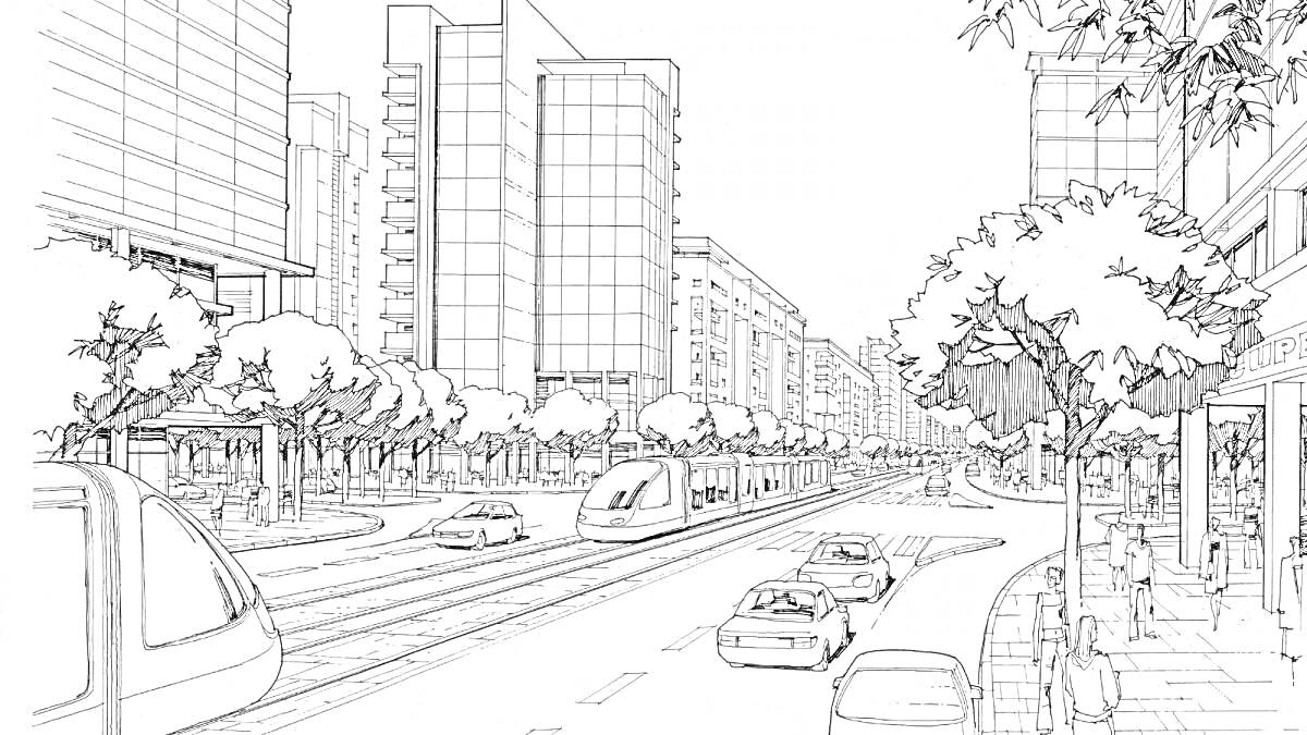 На раскраске изображено: Современный город, Улицы, Деревья, Пешеходы