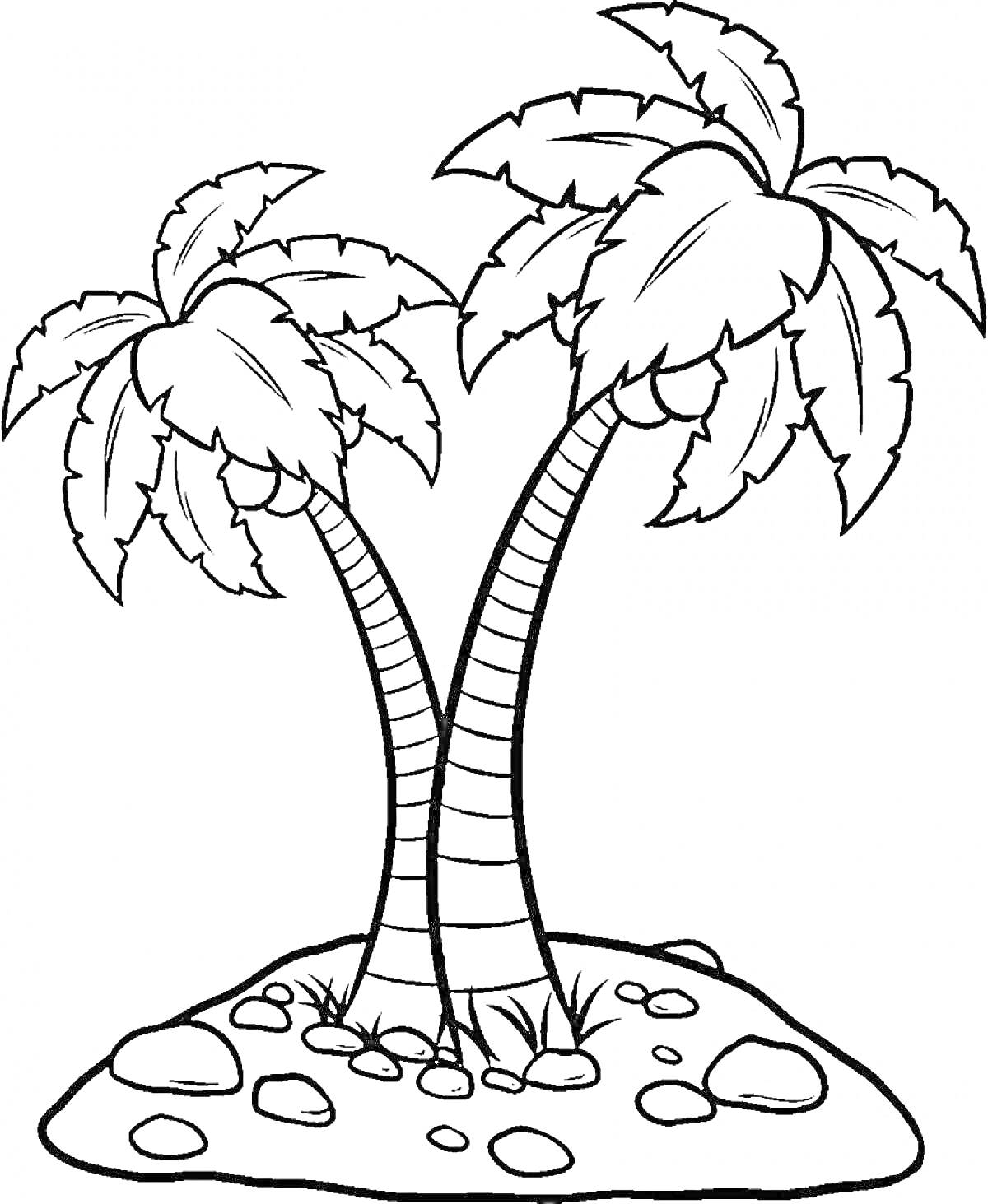 Раскраска Две пальмы на острове с камнями и травой