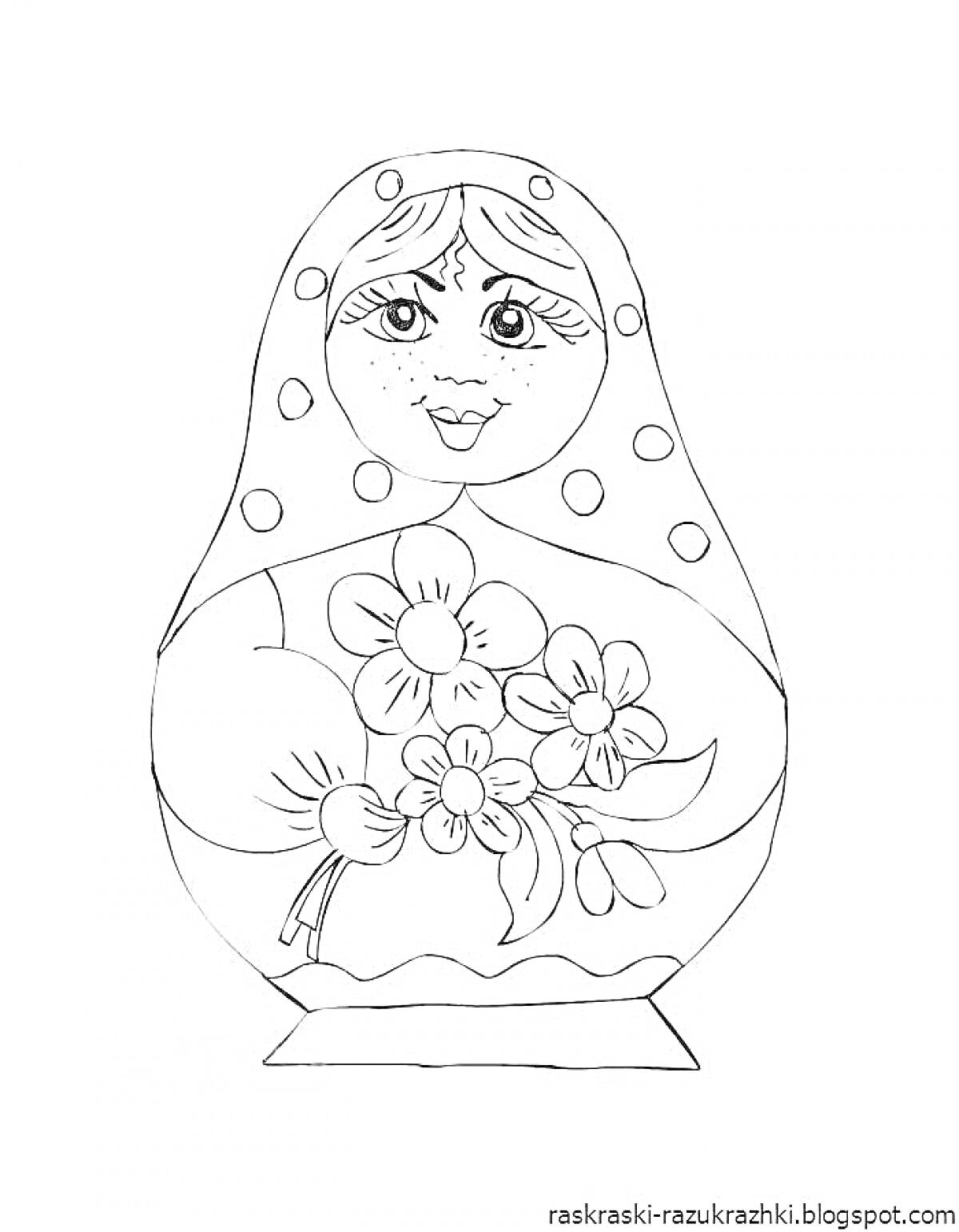 Раскраска Матрешка с букетом цветов, с узором в виде точек на платке