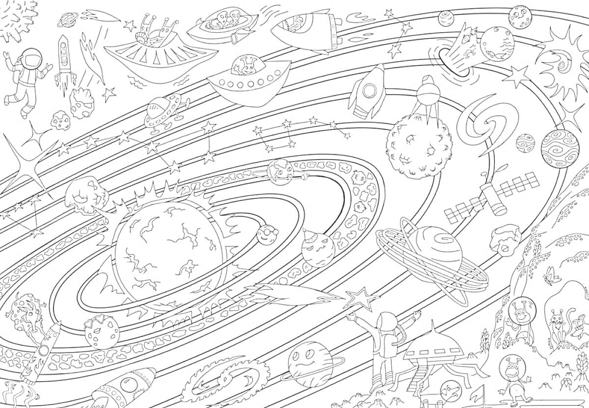 На раскраске изображено: Космос, Планеты, Солнечная система, Звезды, Астероиды, Инопланетяне, Космонавты, Космические объекты