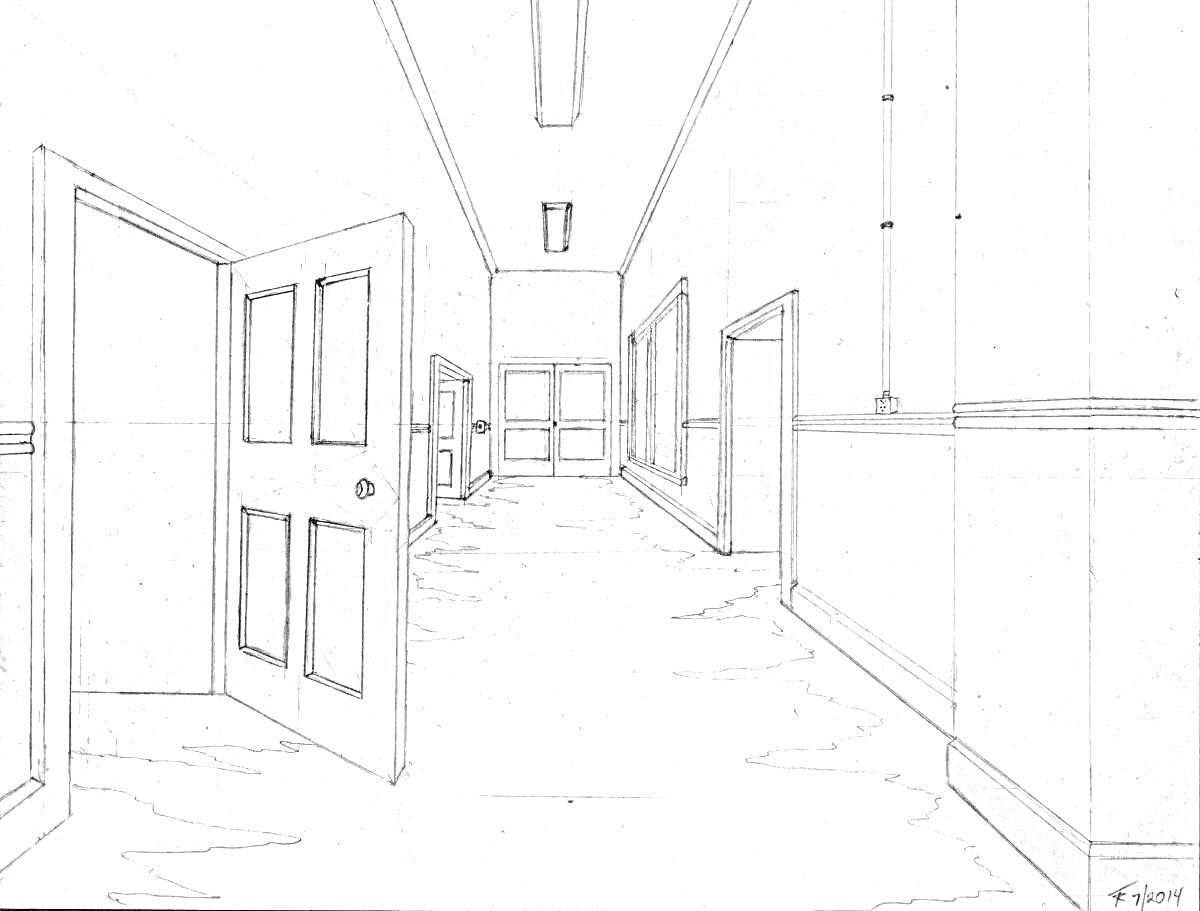 Раскраска Коридор с несколькими открытыми дверями, двойными дверями в конце коридора и потолочными светильниками
