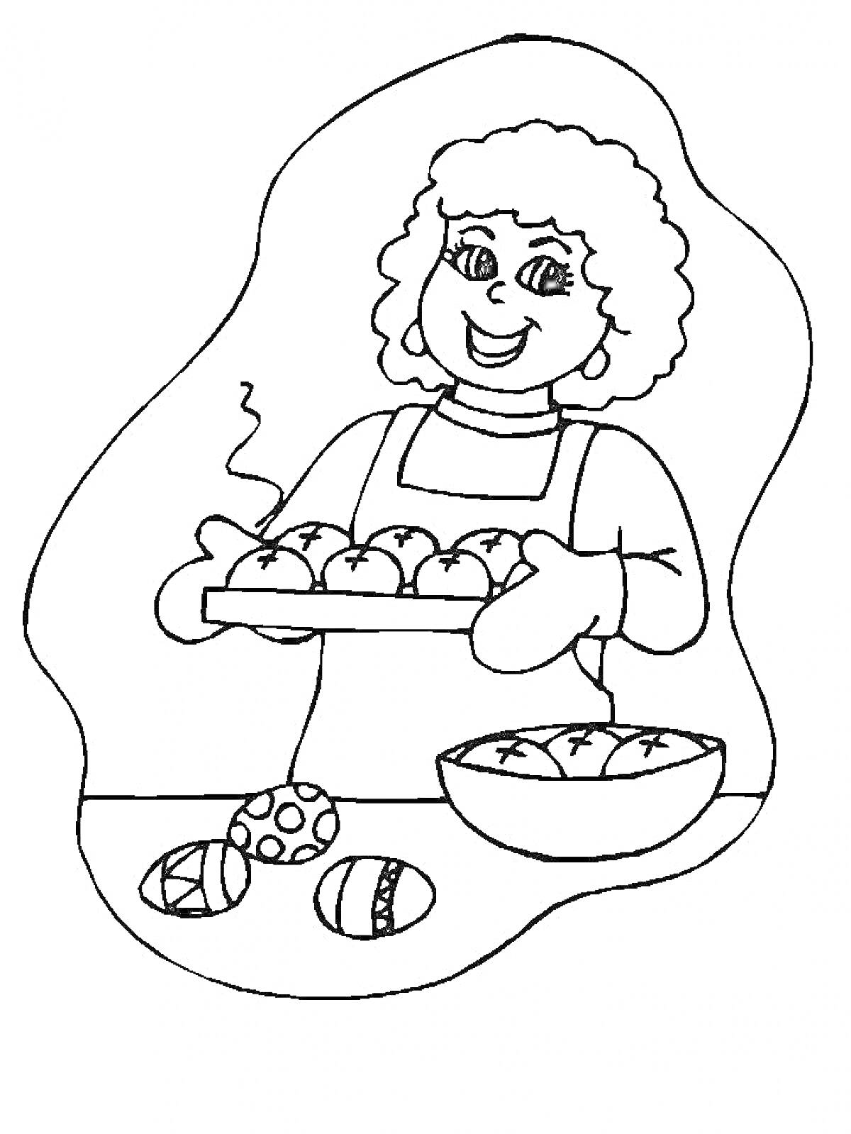 Женщина с пирожками, миска, расписные яйца на столе