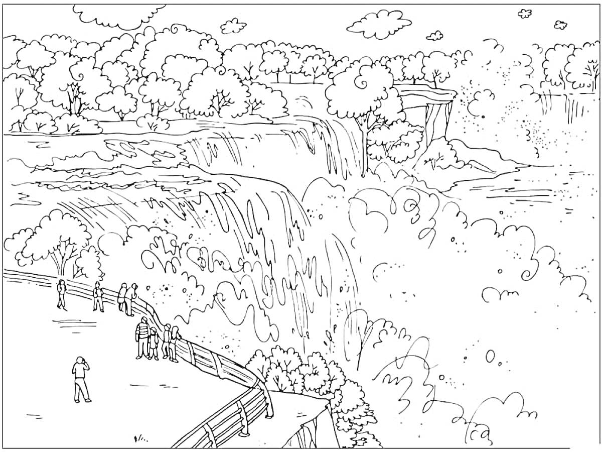 На раскраске изображено: Водопад, Природа, Деревья, Облака, Река, Пейзаж, Человек, Контурные рисунки, Эскизы